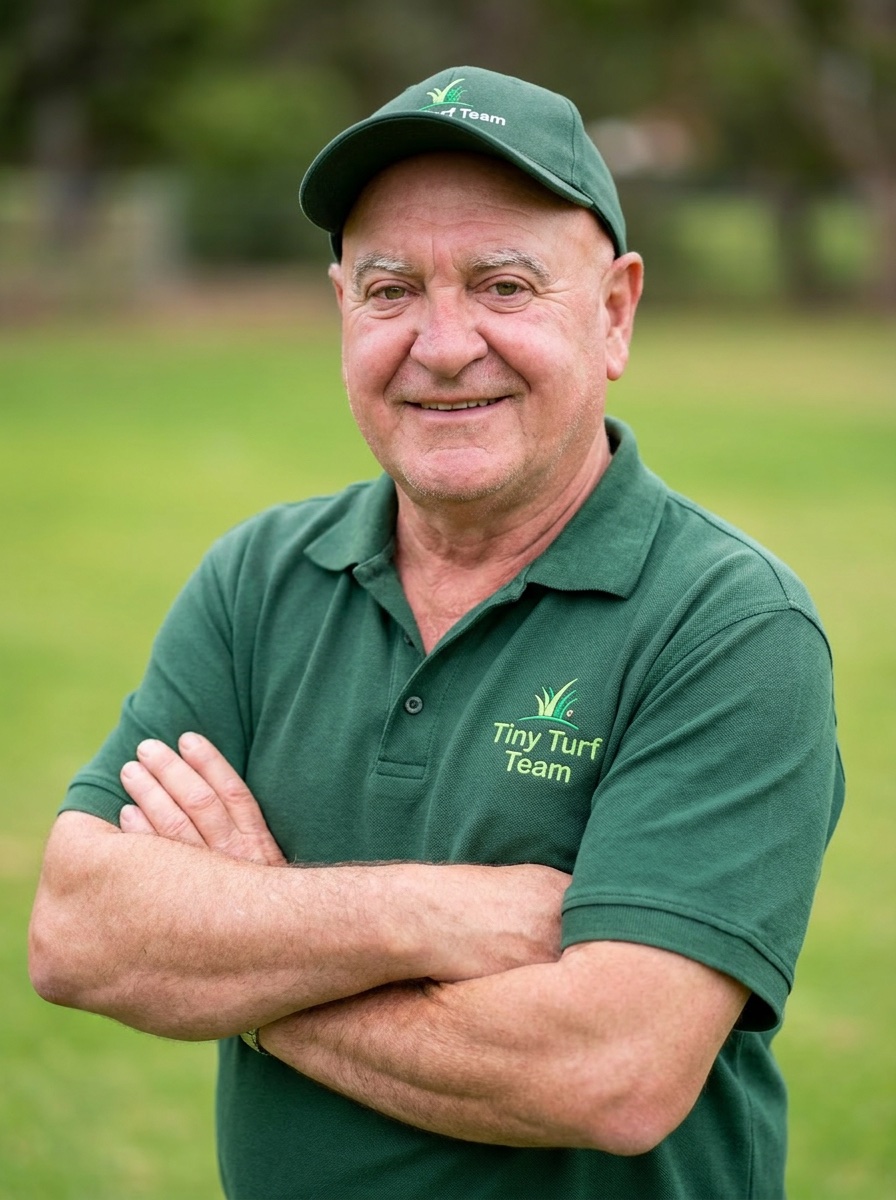 Anton Cilli, artificial turf specialist at Tiny Turf Team, in his work polo and cap with arms folded.